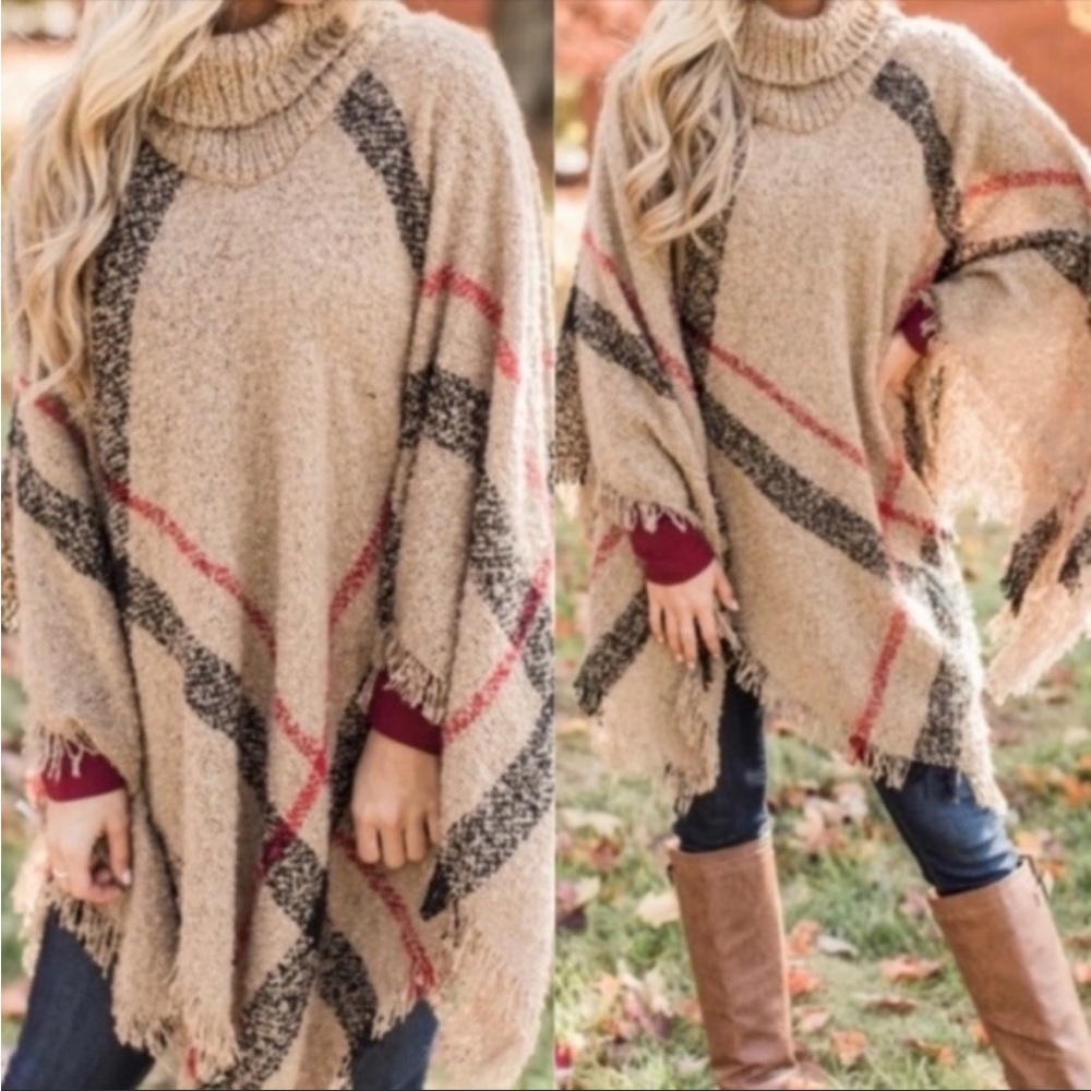 Came Turtleneck Plaid Frayed Hem Sweater Poncho One Size - Picture 2 of 2